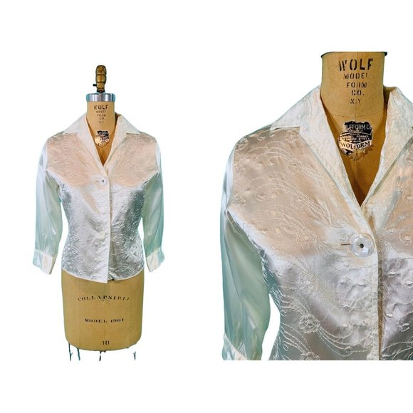 Vintage 1950s Satin Blouse White Embroidered Rhinestone Button Evening Top - Picture 2 of 10